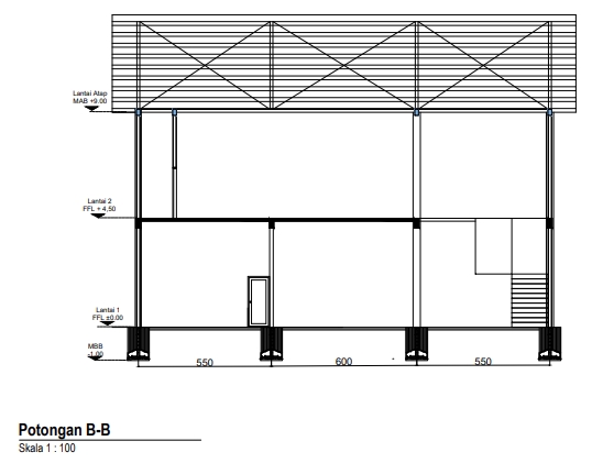 Potongan b-b dengan menggunakan autocad