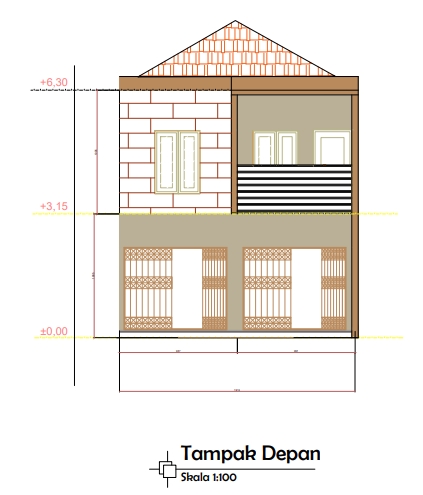 Tamoak depan ruko 2 lantai dengan menggunakan AutoCad