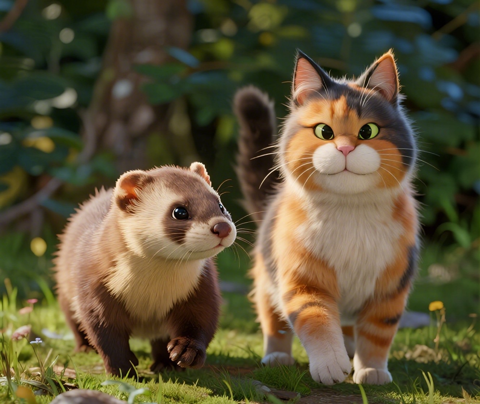Seekor ferret lucu dan seekor kucing berbulu tiga warna berjalan berdampingan di hutan yang cerah.