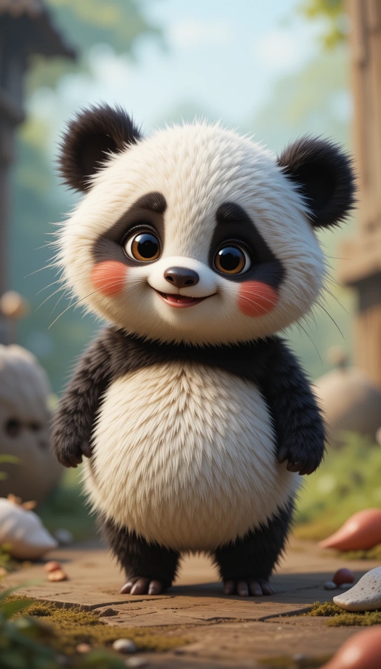Anak panda tersenyum manis dengan pipi kemerahan, berdiri di jalanan desa dengan latar belakang blur