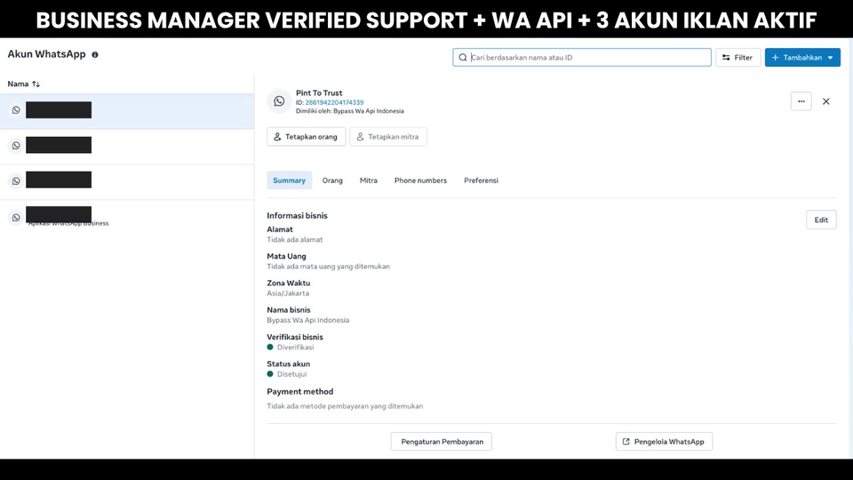 Meta Deskripsi:
BM Verified resmi dengan 3 akun iklan aktif dan WA API Aktif untuk kebutuhan bisnis.