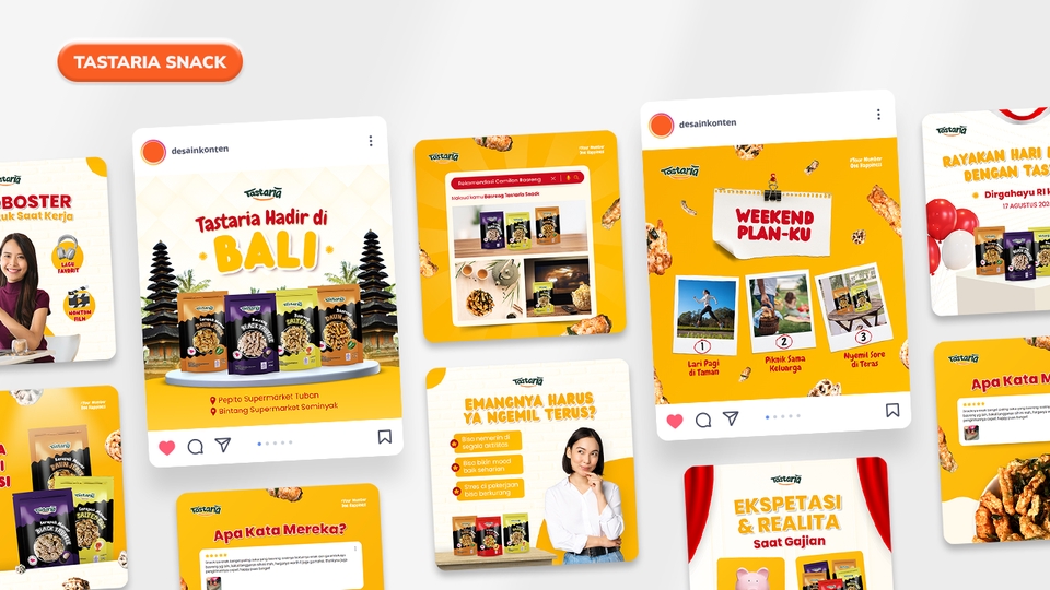 Desain Konten Media Sosial untuk Tastaria Snack (Produk Makanan Ringan)