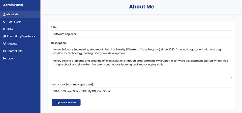 Dashboard admin untuk edit data About Me di portfolio