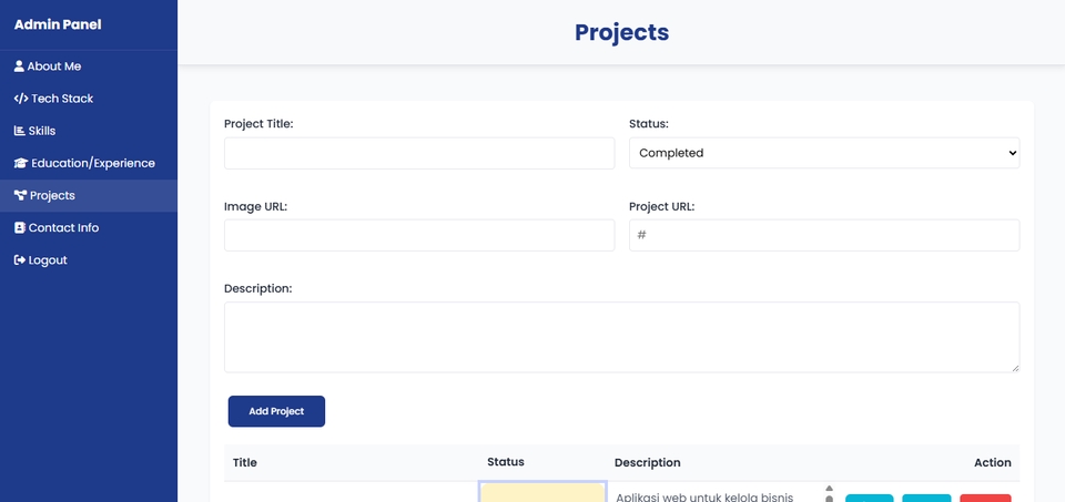 Admin panel CRUD project untuk website portfolio