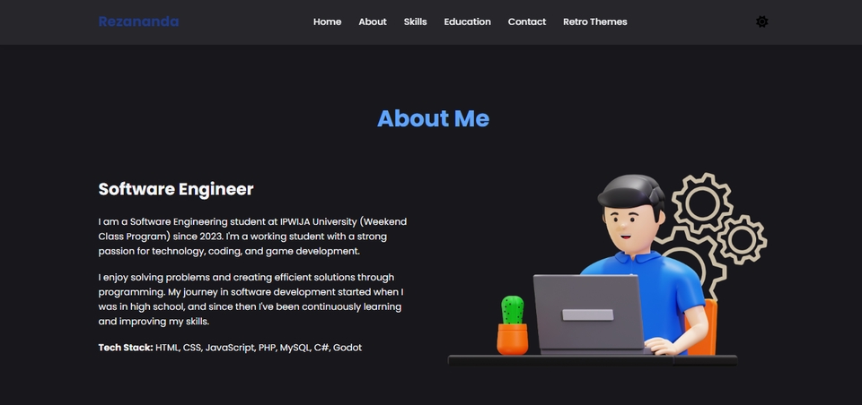 Halaman About Me menampilkan deskripsi diri dan tech stack