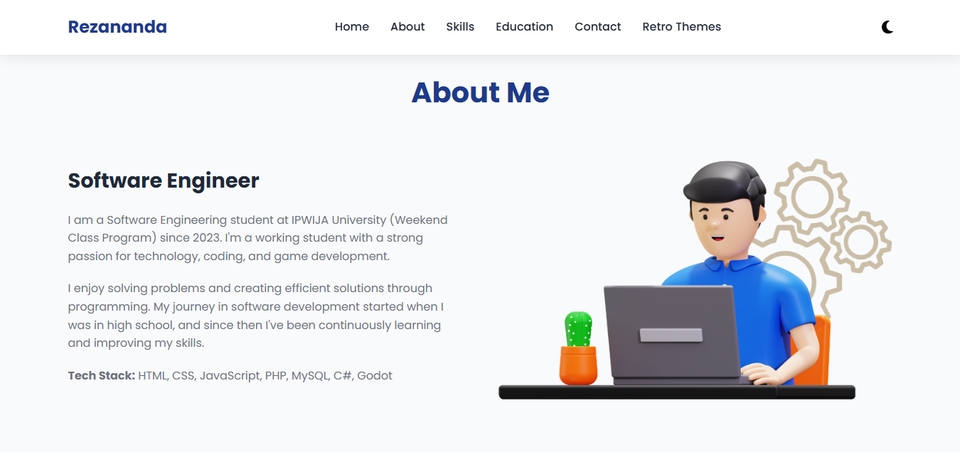 Halaman About Me dengan deskripsi diri dan tech stack