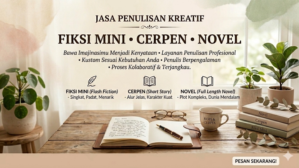 Jasa penulisan fiksi mini,cerpen dan Novel dengan gaya bahasa yang mengalir.