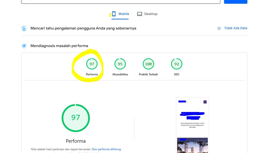 Hasil setelah optimasi peningkatan performa, alat ukur pagespeed