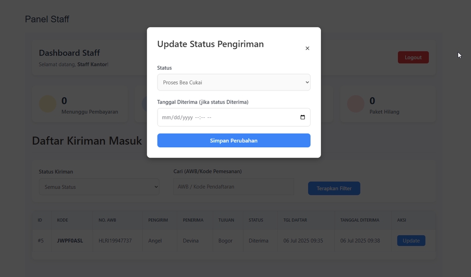 update status paket dari dashboard karyawan