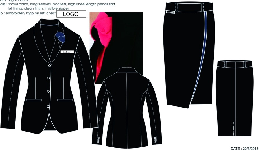 Desain seragam wanita SPG dengan blazer, rok, dan detail desain yang menarik.