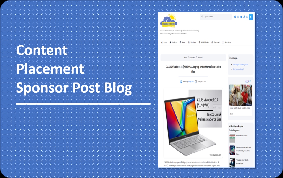 Content placement ASUS Vivobook 14 (A1404VA). Laptop untuk Mahasiswa Serba Bisa.