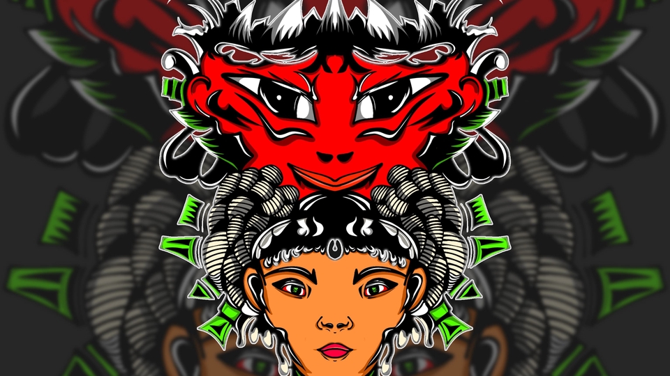 Wajah merah menyerupai topeng iblis atau roh penjaga denga ekspresi tajam dan rambut berduri putih