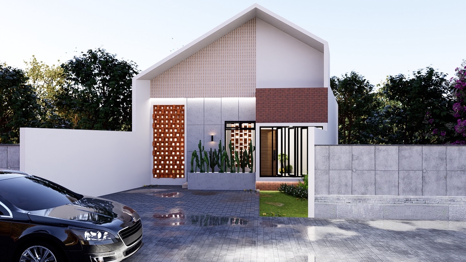 rumah tipe 45 yang minimalis dan modern dengan sentuhan jendela besar yang menambah kesan luas