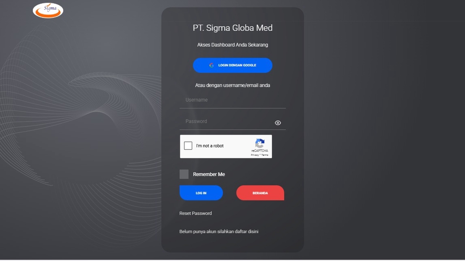 Login aplikasi kalibrasi PT Sigma Global Med