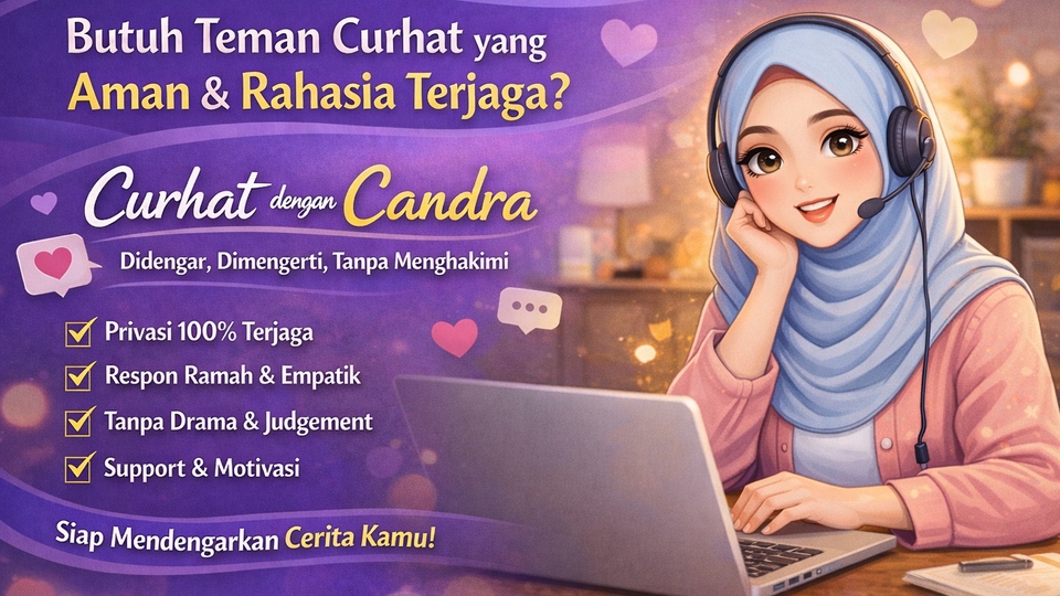 Teman curhat aman, rahasia terjaga, siap mendengarkan tanpa menghakimi