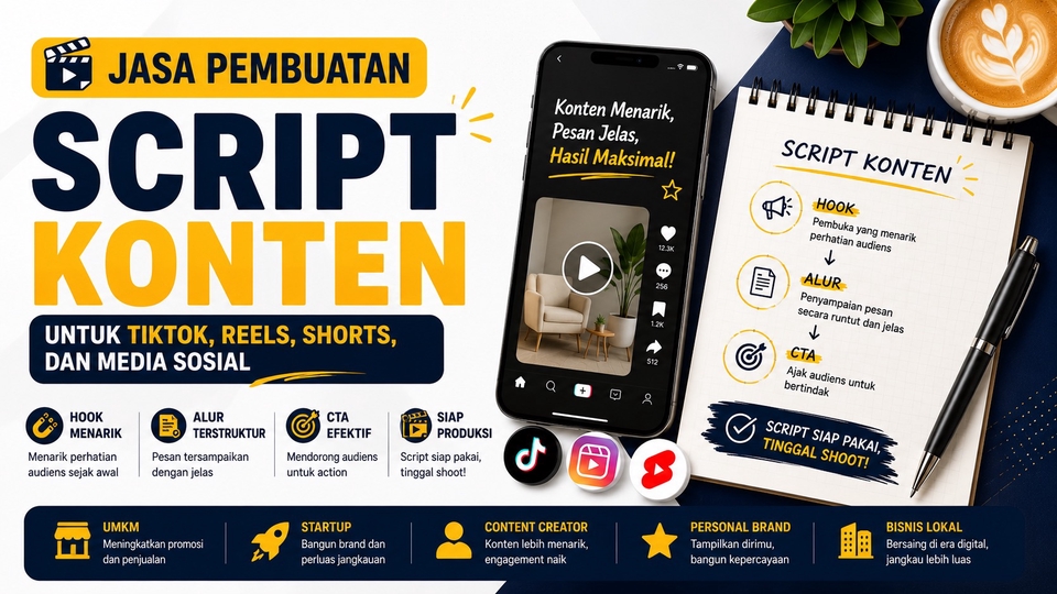 Jasa pembuatan script konten kreatif untuk TikTok, Instagram Reels, YouTube Shorts, dan media sosial