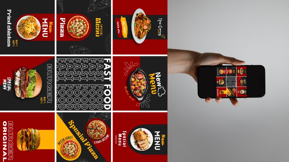 desain feed instagram untuk konten makanan dengan tema fast food 