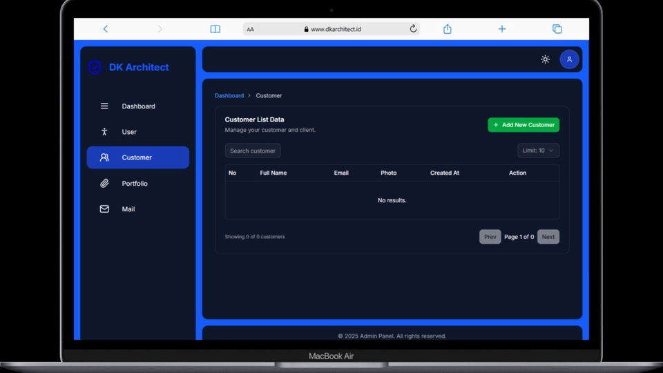 Halaman Admin Company Profile dkarchitect.id di bangun dengan NextJS