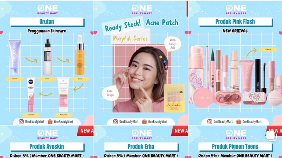 Desain feed Instagram One Beautymart agar menarik dan memudahkan audiens mengenali produk.