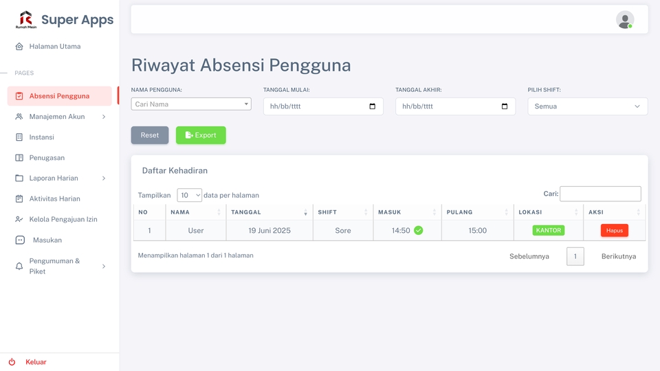 Halaman Manajemen Absensi Pengguna