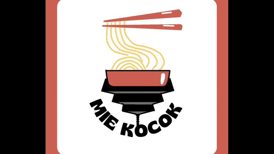 Logo Mie Kocok Bandung dengan bentuk mangkuk, mie, dan atap Gedung Sate sebagai ikon khas Bandung.