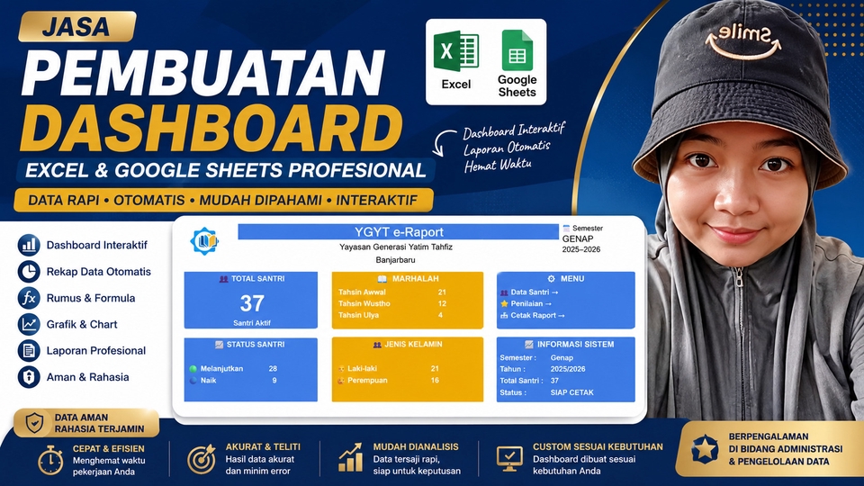 Membuat dashboard Excel & Google Sheets otomatis, rapi, interaktif, dan mudah digunakan.