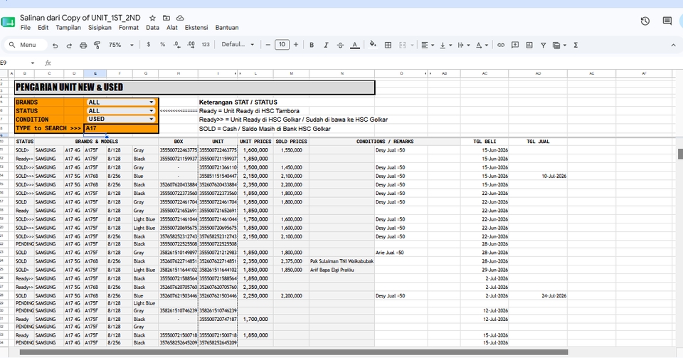 Pencarian dan pengelolaan data unit menggunakan Excel dengan filter dan status.