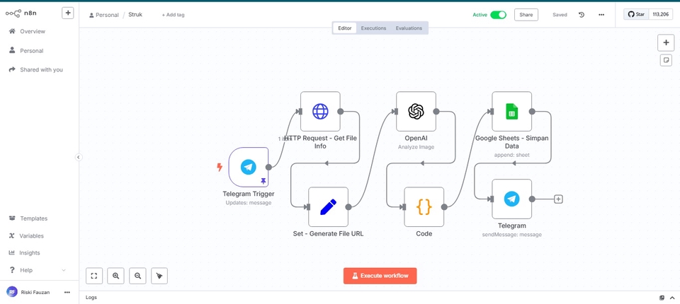 alur workflow dari telegram ke google sheet