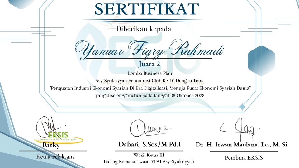 Awardee as 2nd Winner of Business Plan National Competition at Asy-Syukriyah