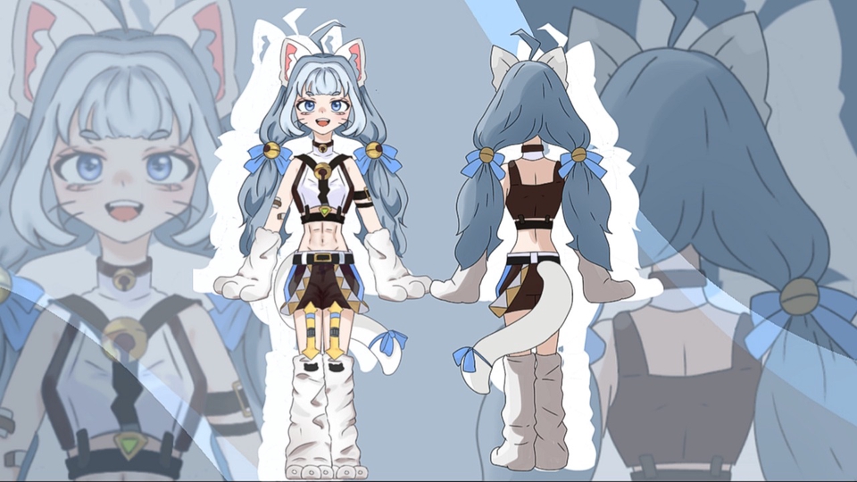 Design of a brave and cute cat-human character in 2D 