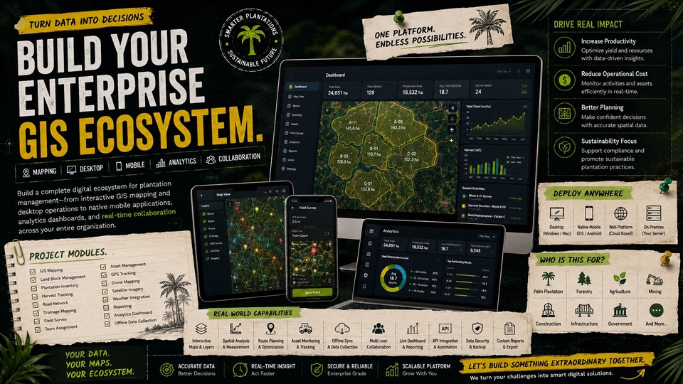 Custom GIS platforms for plantations, utilities, logistics, infrastructure, and smart city.