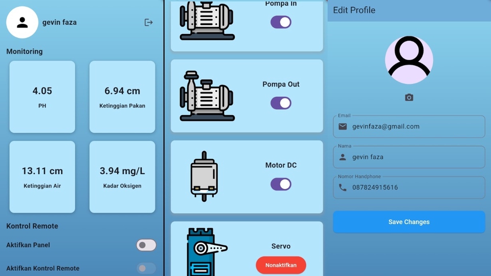 Aplikasi Flutter untuk monitoring kolam lele dan kontrol pompa via Firebase.