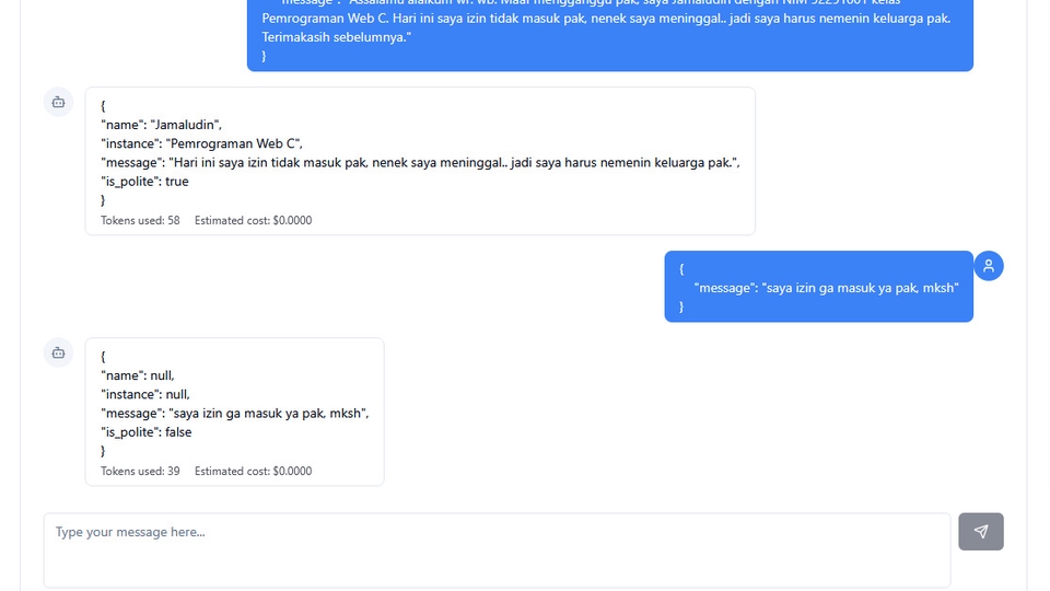 contoh hasil prompt ekstraksi data dan klasifikasi