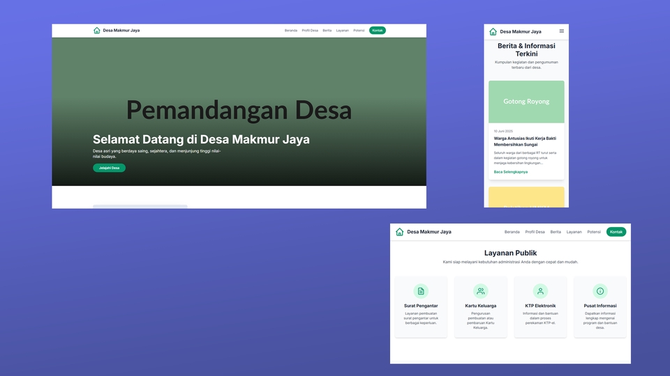 Website promosi desa wisata dengan info fasilitas, layout responsif, dan nuansa natural hijau.