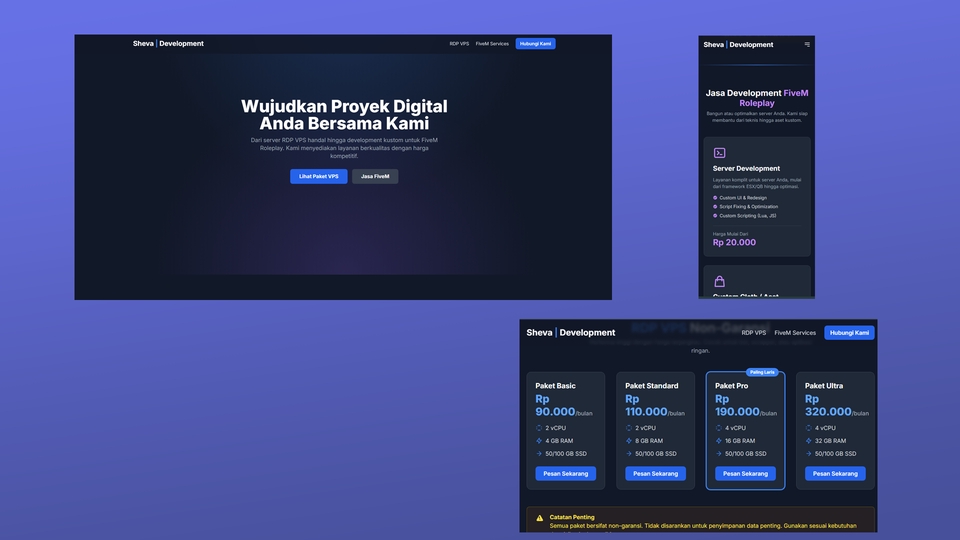 Landing page modern penyedia hosting dengan paket harga, fitur unggulan, dan CTA jelas.