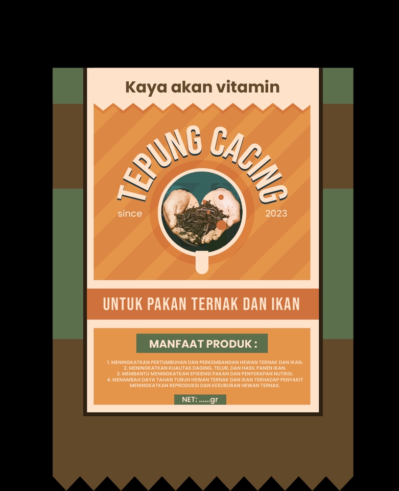 Desain label tepung cacing dengan warna earthy dan informasi manfaat produk.


