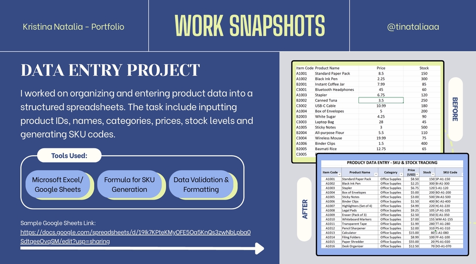 Data entry project menggunakan Microsoft Excel/ Google Sheets, formula untuk SKU dan data validation