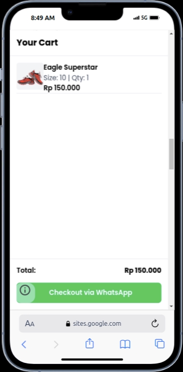 tampilan halaman handphone
bagian Modal shopping cart