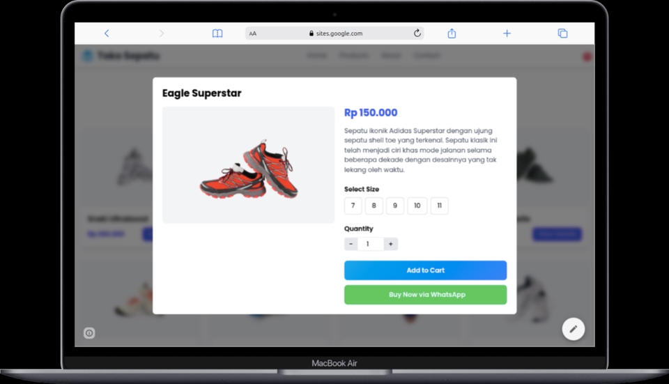 tampilan halaman desktop 
bagian modal produk