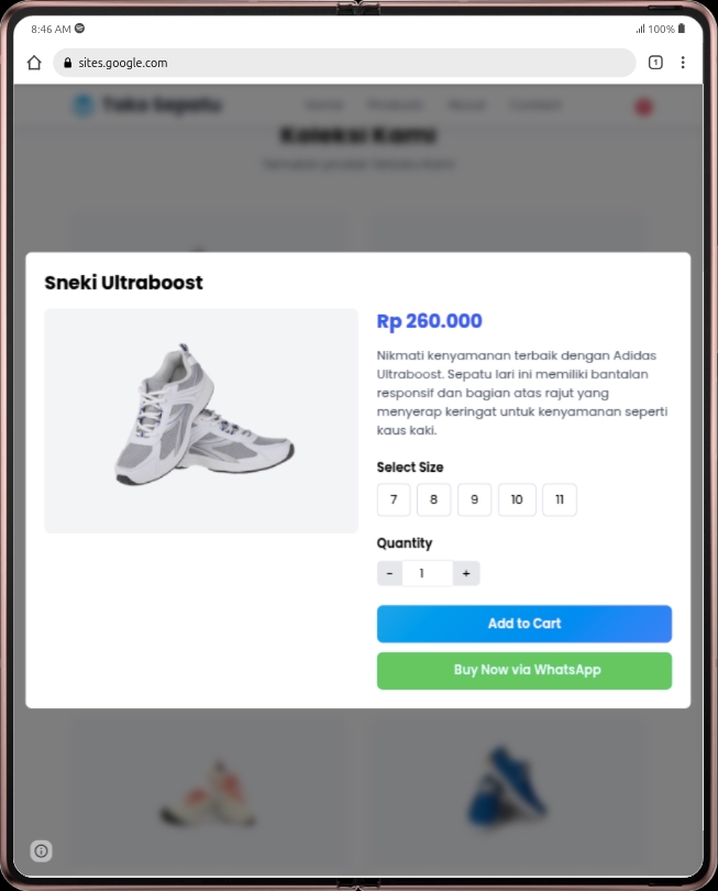 tampilan halaman tablet
bagian Modal produk