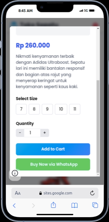 tampilan halaman handphone
bagian Modal produk