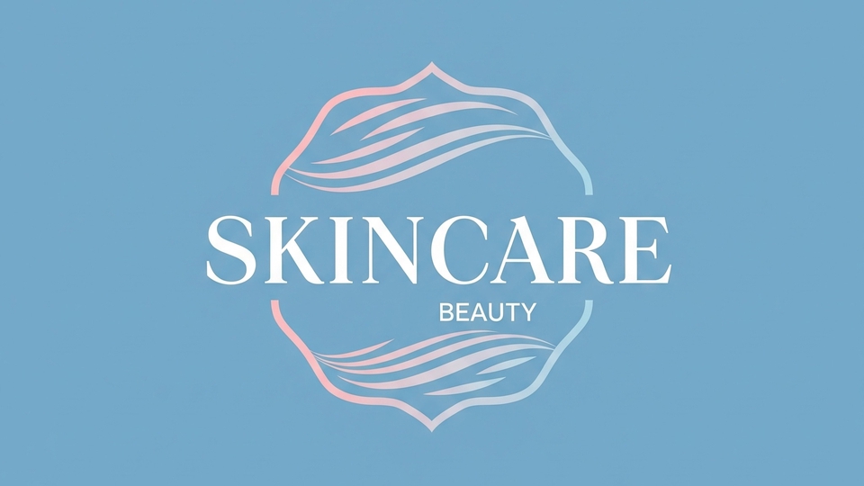 Logo Skincare Beauty warna biru, desain elegan dengan motif daun garis minimalis.