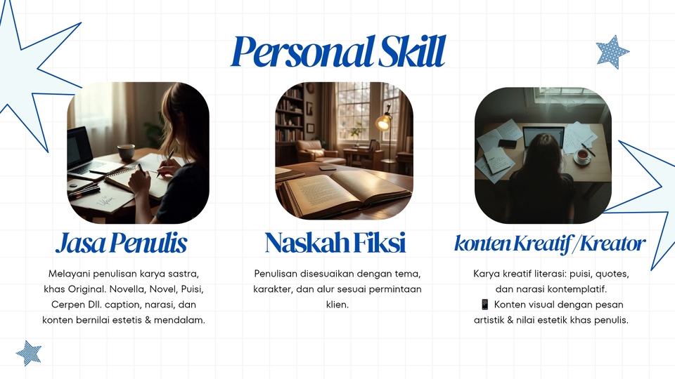 Personal Skill, Jasa Penulis, Naskah Fiksi, Konten Kreatif/Kreator, Neng Dewi Ratna.