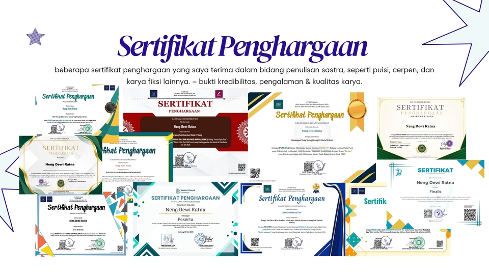 Sertifikat penghargaan sastra – bukti kredibilitas, pengalaman & kualitas karya. Neng Dewi Ratna.