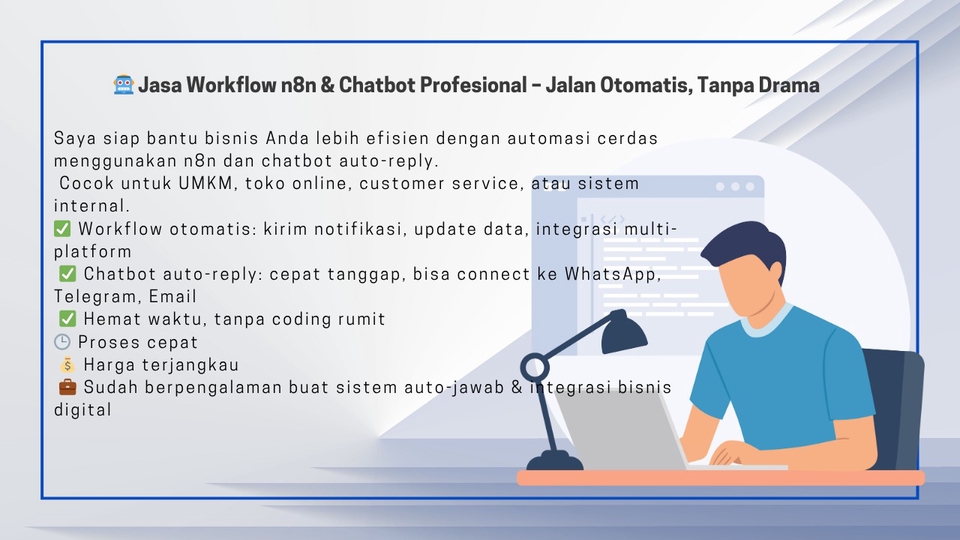 Jasa Pembuatan Bot di Telegram, WhatsApp, dan Discord - Jasa Workflow n8n & Chatbot Profesional – Jalan Otomatis, Tanpa Drama