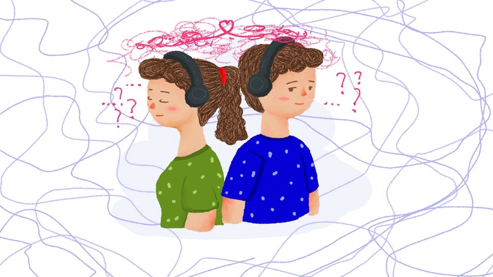 Ilustrasi dua anak yang saling membelakangi memakai headphone, dikelilingi coretan