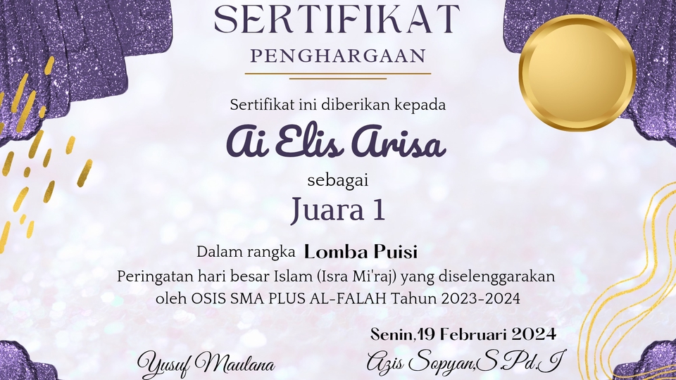 Jasa Lainnya di Desain Grafik - Contoh desain sertifikat custom untuk acara sekolah