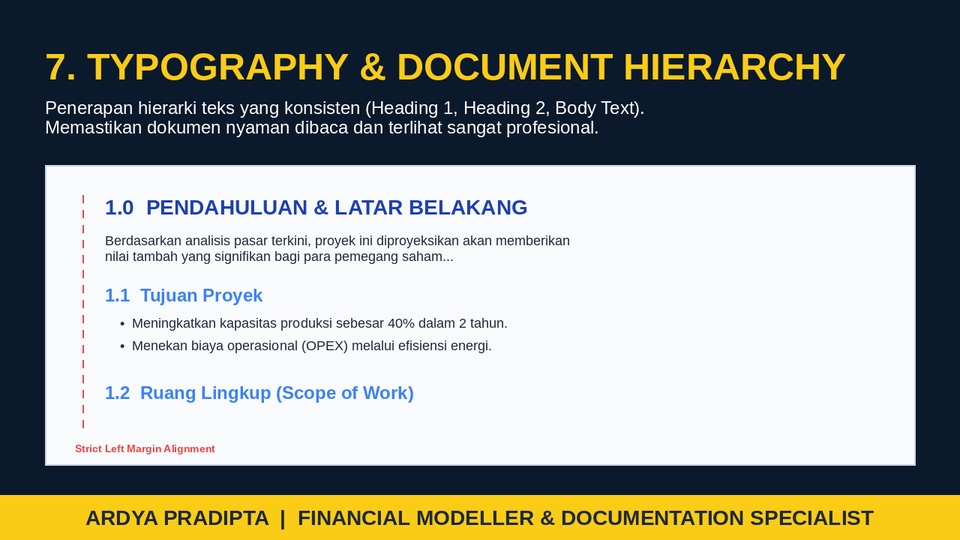 Hierarki tipografi dan margin presisi untuk kenyamanan membaca dokumen korporat.