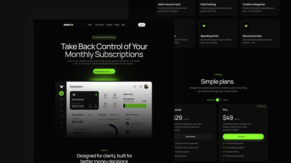 Modern SaaS Dashboard UI for Subscription Analytics, Dark Theme, Web Design, Landing Page Business