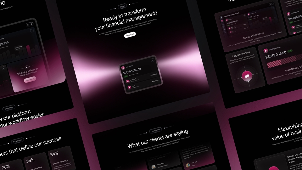 Modern Pink SaaS Platform Interface in Dark Mode, Sleek Web Design, UI/UX, Landing Page Business